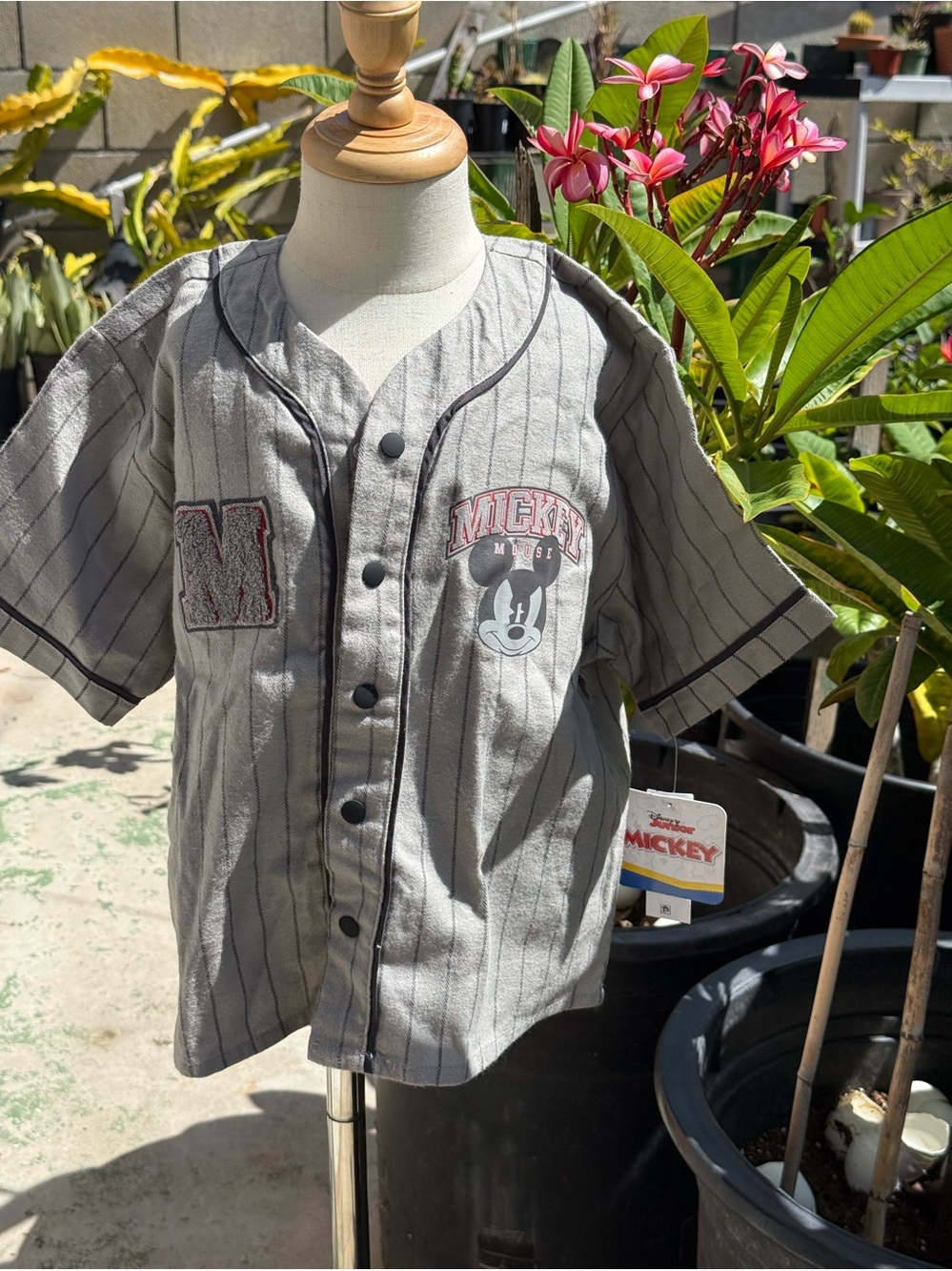Disney Gray Pinstripe Mickey Baseball Button-Front Shirt